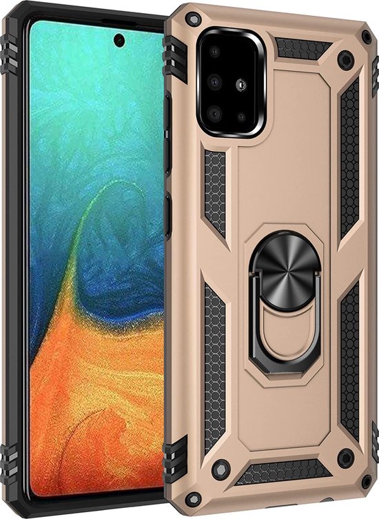 Samsung Galaxy A51 Hoesjes – Ring Armor Backcover – 360° Draaibare Standaard – Magneet – Goud-Ilumina Benelux