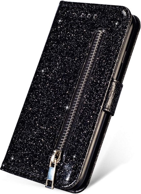 Samsung Galaxy S10 Plus Hoesjes – Glitter Portemonneehoes – Rits & Koord – Pasjeshouder – Zwart-Ilumina Benelux