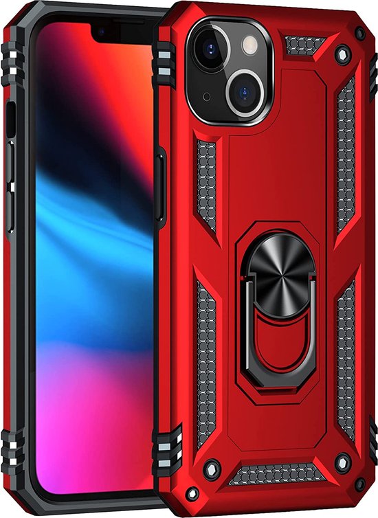iPhone 13 Hoesjes – Ring Armor Backcover – 360° Draaibare Kickstand Ring – Magneet – Rood-Ilumina Benelux