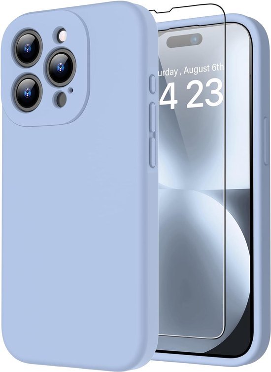 iPhone 15 Pro Hoesjes – Liquid Siliconen Backcover – Camera Allround Bescherming – Inclusief Screenprotector – Lichtblauw-Ilumina Benelux