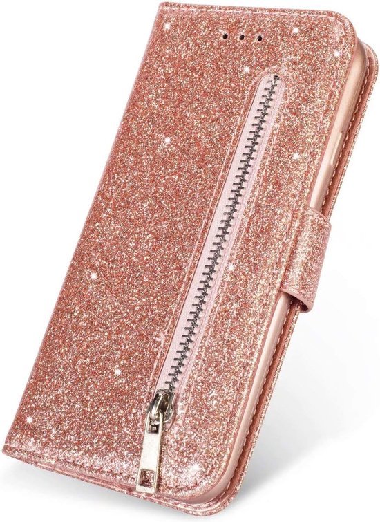 Samsung Galaxy M21/M30S Hoesjes – Glitter Portemonnee Hoes – Rits & Koord – Roségoud-Ilumina Benelux
