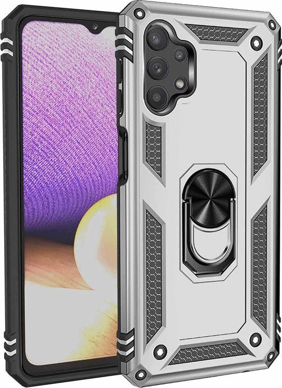 Samsung Galaxy A32 4G Hoesjes – Anti-Shock Hybride Backcover – Ringhouder – Armor Bescherming – Zilver-Ilumina Benelux