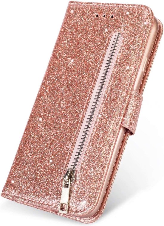 Sparkly Glitter Wallet Hoesje met Rits & Koord Geschikt voor: Samsung Galaxy M11 - Roségoud