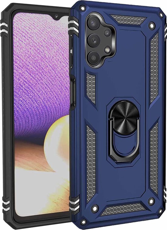 Samsung Galaxy A32 4G Hoesjes – Anti-Shock Hybride Backcover – Ringhouder – Armor Bescherming – Blauw-Ilumina Benelux
