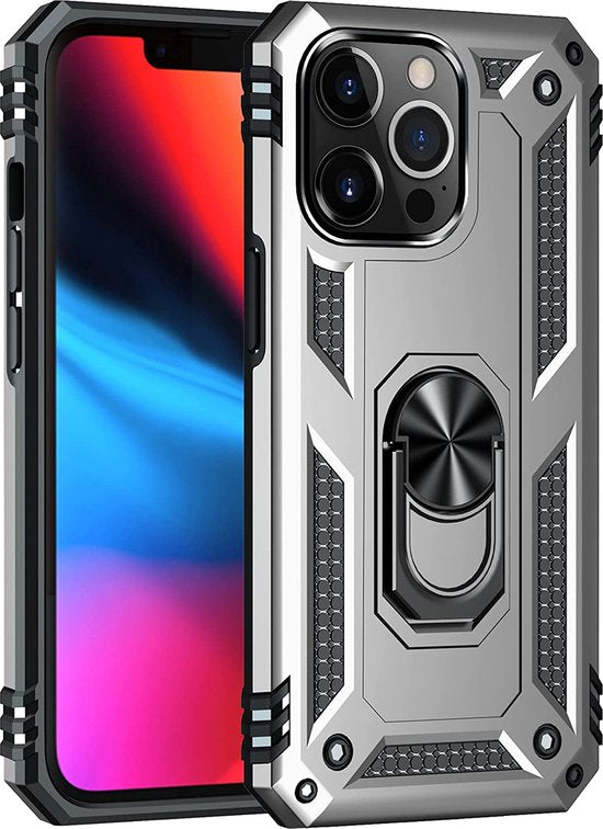 iPhone 13 Pro Max Hoesjes – Anti-Shock Hybride Ring Armor Backcover – Schokbestendig – Zilver-Ilumina Benelux