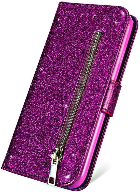 Glitter Wallet Case Geschikt voor: Samsung Galaxy A51 Hoesje met Rits, Koord en Pasjeshouder - Paars