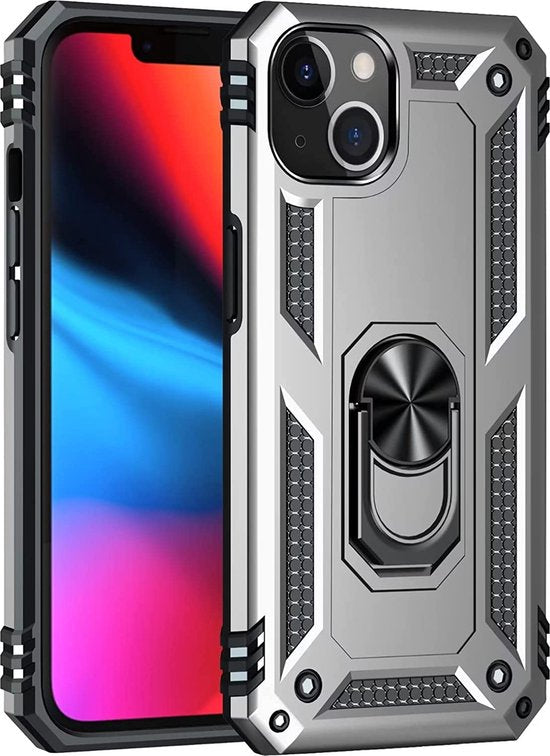 iPhone 13 Hoesjes – Ring Armor Backcover – 360° Draaibare Kickstand Ring – Magneet – Zilver-Ilumina Benelux