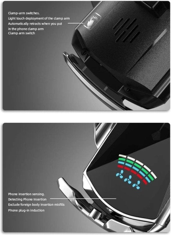Telefoonhouder auto – Draadloze autolader ventilatierooster – Snelladen – Geschikt voor iPhone & Samsung 4,5-6,5 inch – Zilver-Telefoonhouders-Ilumina Benelux