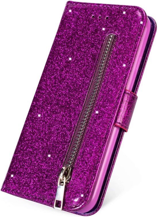 Samsung Galaxy S20 Ultra Hoesjes – Glitter Portemonnee Hoes – Rits & Koord – Paars-Ilumina Benelux