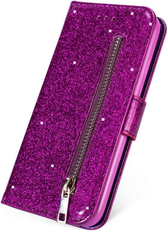Oppo A57 5G Hoesjes – Glitter Portemonneehoes – Rits & Koord – Pasjeshouder – Paars-Ilumina Benelux