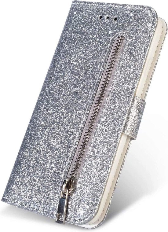 Samsung Galaxy A11 Hoesjes – Glitter Portemonnee Hoes – Rits & Koord – Pasjeshouder – Zilver-Ilumina Benelux