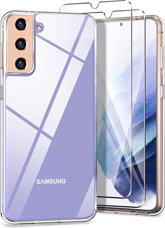 Samsung Galaxy S21 FE Hoesjes – Transparante Siliconen Backcover – 2 Pack Screenprotector – Gehard Glas-Ilumina Benelux