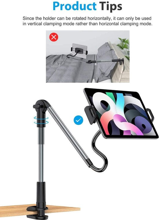 Tablethouder – Voor 4 t/m 11 inch Tablets & Smartphones – 360° Draaibare Arm – Bureau, Bed, Tafel - Statief arm - Universele Klemhouder Geschikt voor: iPad, iPhone, Samsung, Huawei
