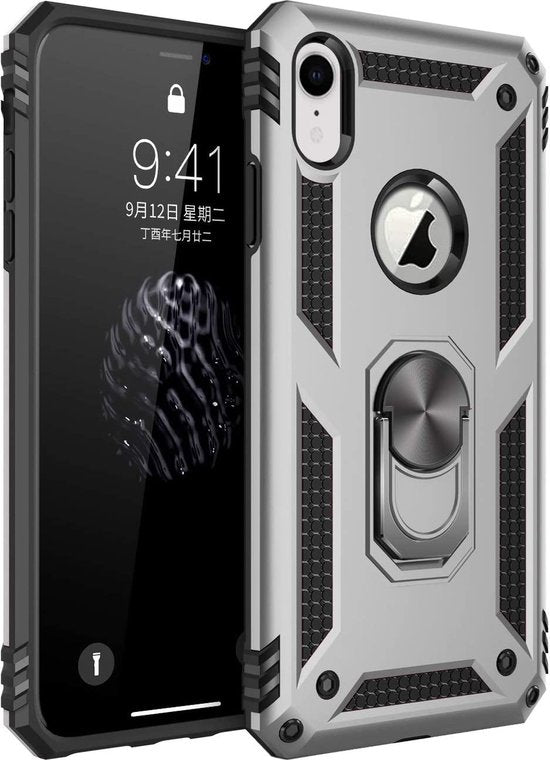 iPhone XR Hoesjes – Ring Armor Backcover – 360° Draaibare Kickstand Ring – Magneet – Zilver-Ilumina Benelux