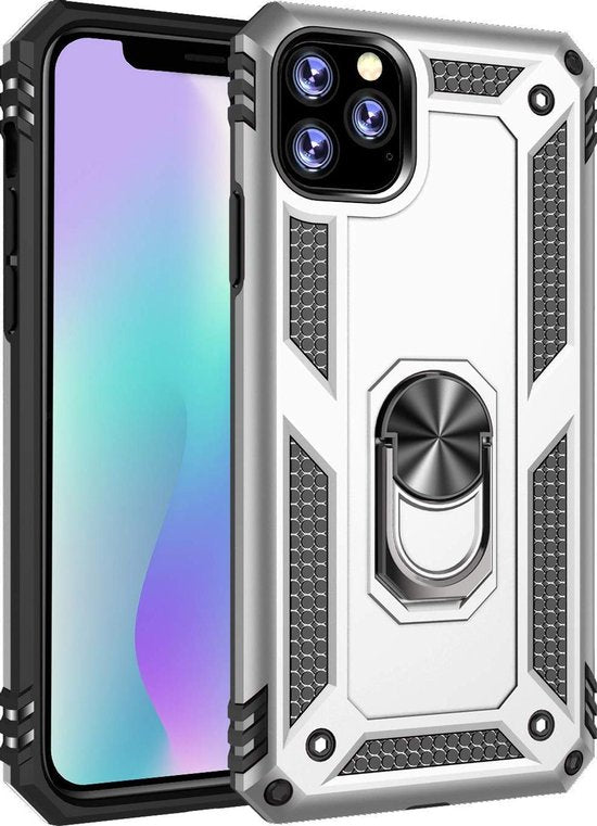 iPhone 12 Hoesjes – Anti-Shock Hybride Backcover – Ring Armor – Schokbestendig – Zilver-Ilumina Benelux