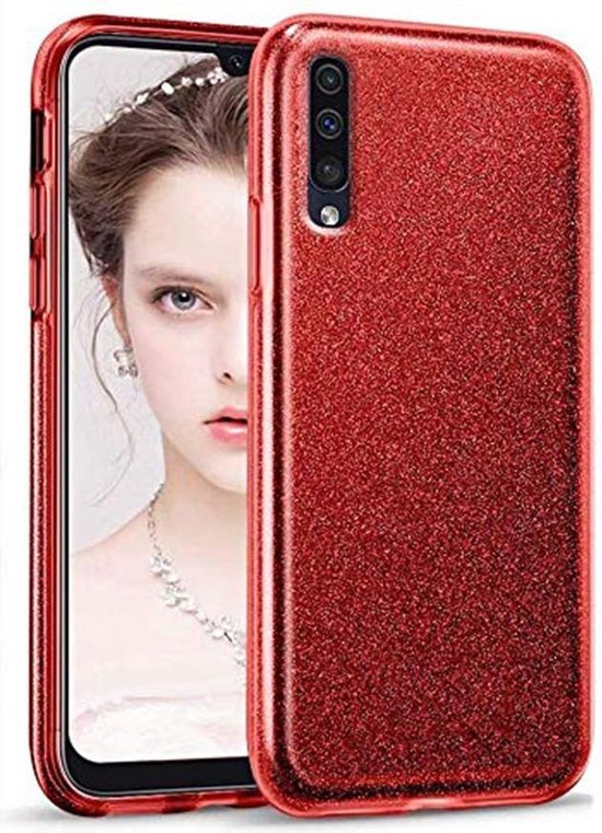 Samsung Galaxy A30 Hoesjes – Glitters Siliconen TPU Backcover – BlingBling Cover – Rood-Ilumina Benelux