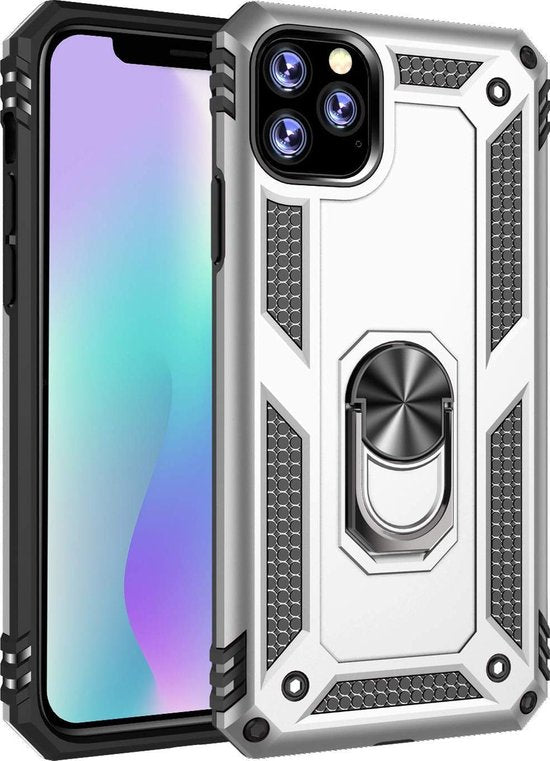 iPhone 11 Pro Max Hoesjes – Rugged Backcover met Ring Kickstand – Schokbestendig – Zilver-Ilumina Benelux