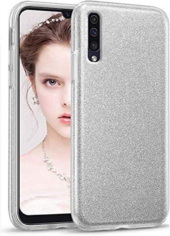 Samsung Galaxy A30 Hoesjes – Siliconen TPU Backcover – Glitter BlingBling – Schokbestendig – Zilver-Ilumina Benelux