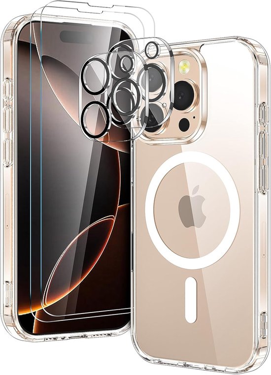 iPhone 16 Pro Hoesjes – Magnetische Transparante Backcover – Magsafe Compatibel – Met 2x Screenprotector & Camera Lens Protector – Doorzichtig-Ilumina Benelux