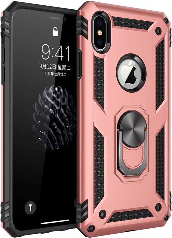 iPhone XS Max Hoesjes – Ring Armor Backcover – 360° Draaibare Kickstand – Magneet – Roségoud-Ilumina Benelux