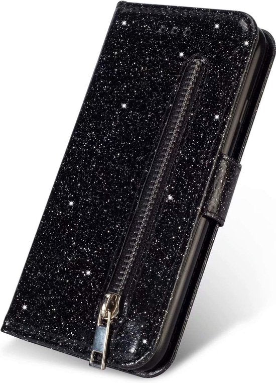 Samsung Galaxy M11 Hoesjes – Glitter Portemonnee Hoes – Rits & Koord – Pasjeshouder – Zwart-Ilumina Benelux