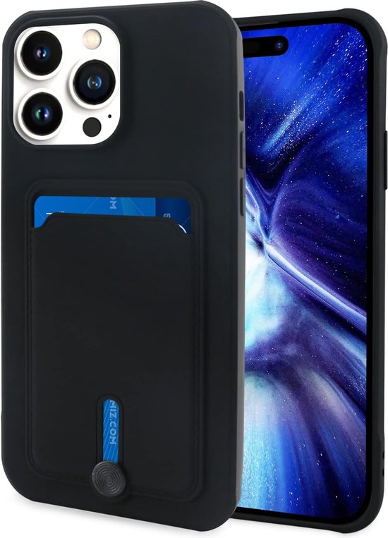 iPhone 13 Hoesjes – Siliconen Backcover – Push-Pull Pasjeshouder – Zwart-Ilumina Benelux