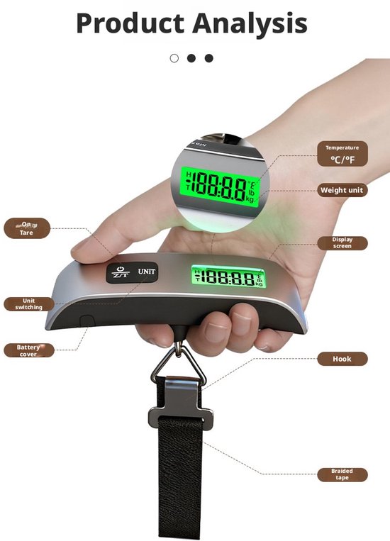 Digitale Bagageweegschaal Met Weeghaak & Thermometer - Koffer Weegschaal Bagage Kofferweger - Hang Weegschaal - Tot 50KG - Inclusief Batterijen