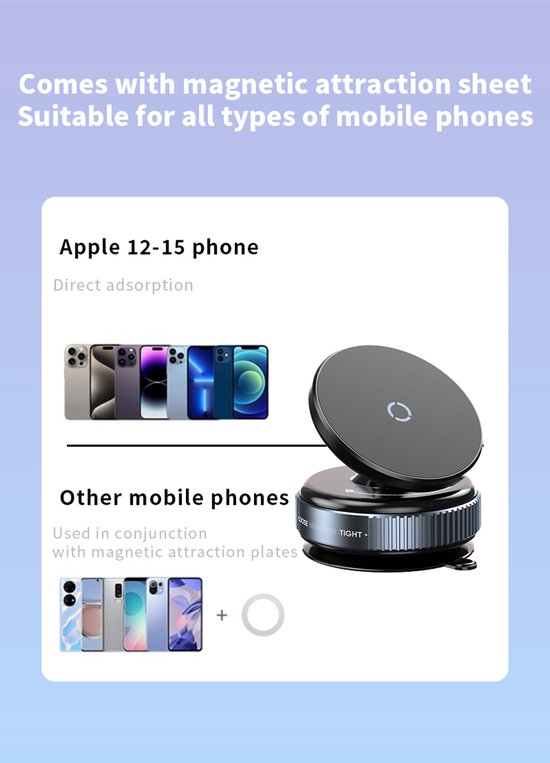 Telefoonhouder auto – Magnetisch vacuüm zuignap – 360° draaibaar & verstelbaar – Handsfree voor dashboard & glad oppervlak – Zwart-Ilumina Benelux