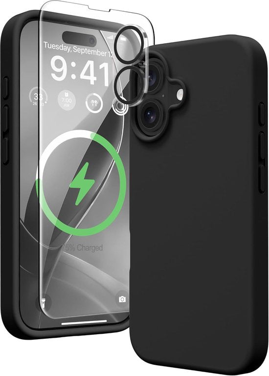 iPhone 16 Plus Hoesjes – Liquid Siliconen Backcover – Screenprotector & Camera Lens Protector – Zwart-Ilumina Benelux