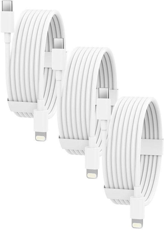 USB-C naar Lightning Oplaadkabel 2m 3-Pack – Geschikt voor iPhone & iPad – Snelladen – Duurzaam – Wit-USB-Kabels-Ilumina Benelux