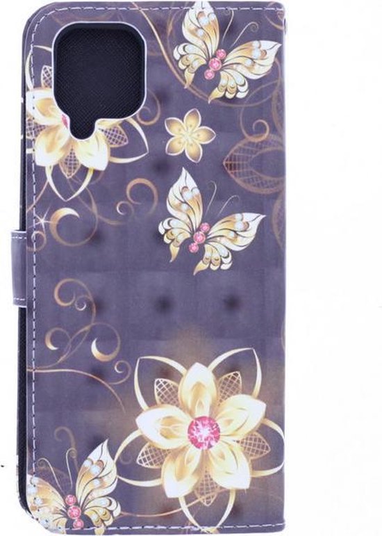 Samsung Galaxy A22 4G Hoesjes – Bookcase Portemonneehoes – Butterflies & Flowers 3D Print – 2x Gehard Glas Screenprotector – Multicolor