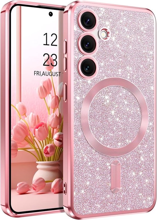 Samsung Galaxy S23 Hoesjes – MagSafe Compatibel – Glitter Sequin TPU Backcover – Zacht & Schokbestendig – Roze-Ilumina Benelux