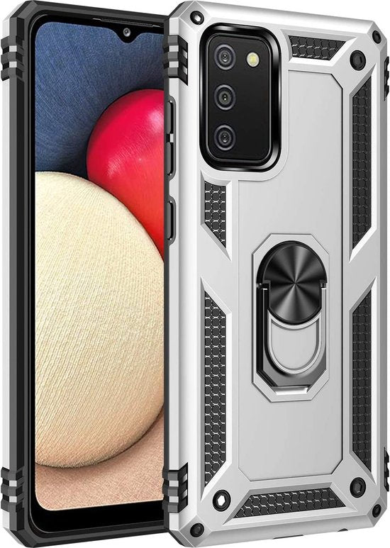 Samsung Galaxy A02S Hoesjes – Anti-Shock Hybride Ring Armor Backcover – Schokbestendig – Zilver