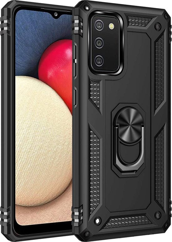 Samsung Galaxy A02S Hoesjes – Anti-Shock Hybride Backcover – Ringhouder – Armor Bescherming – Zwart-Ilumina Benelux