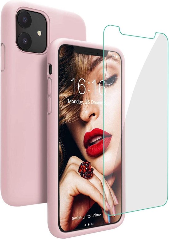 iPhone 12 Hoesjes – TPU Siliconen Backcover – Inclusief 2x Screenprotector Gehard Glas – Lichtroze-Ilumina Benelux
