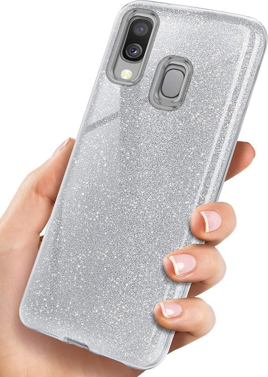 Samsung Galaxy A40 Hoesjes – Siliconen TPU Backcover – Glitter BlingBling – Schokbestendig – Zilver-Ilumina Benelux