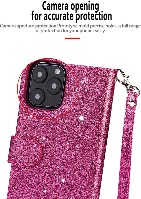 iPhone 14 Hoesjes – Glitter Portemonnee Hoes – Rits & Koord – Pasjeshouder – Roze-Ilumina Benelux