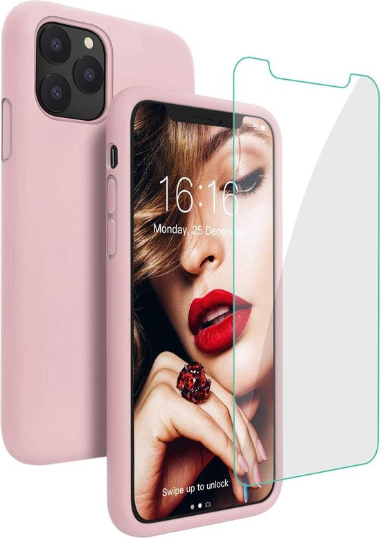 iPhone 12 Pro Hoesjes – Siliconen Backcover + Screenprotector – Gehard Glas – Anti-kras – Pink Sand-Ilumina Benelux