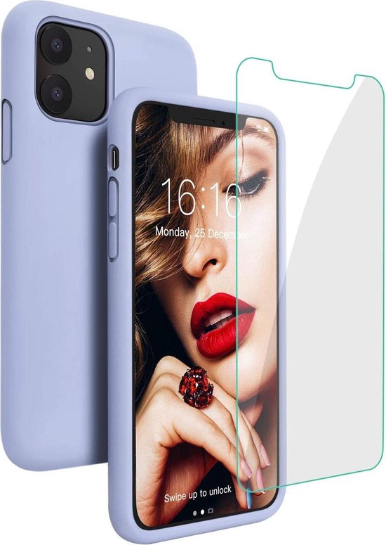 iPhone 11 Pro Hoesjes – Liquid Siliconen Backcover TPU – Soft Case – 2x Gehard Glas Screenprotector – Lila-Ilumina Benelux