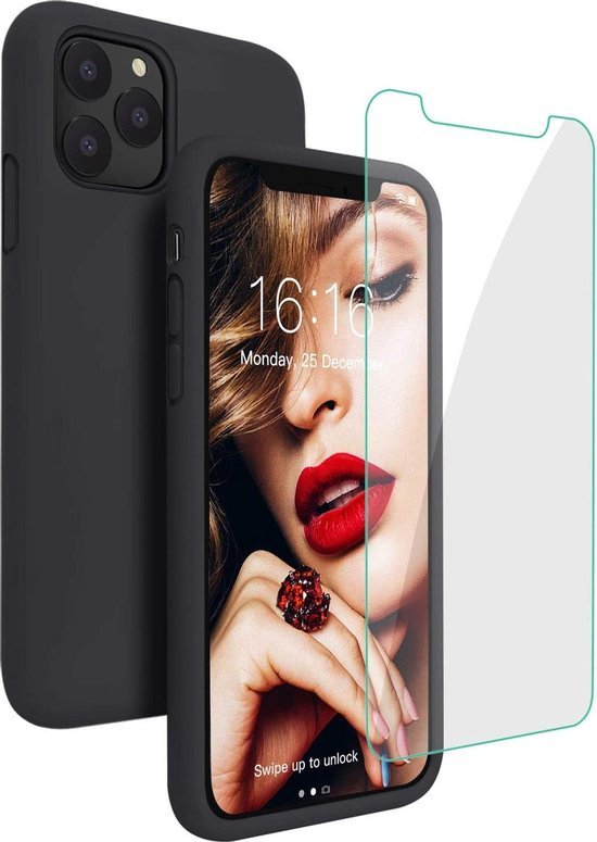 iPhone 12 Pro Max Hoesjes – Siliconen Backcover – Inclusief Screenprotector Gehard Glas – Schokbestendig – Zwart-Ilumina Benelux
