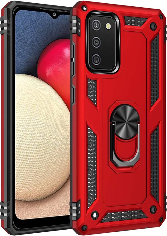 Samsung Galaxy A02S Hoesjes – Anti-Shock Hybride Ring Armor Backcover – Schokbestendig – Rood-Ilumina Benelux