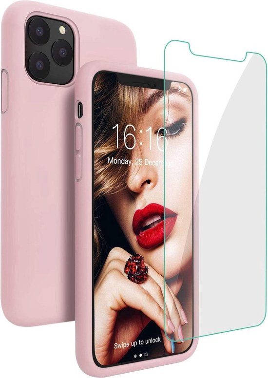 iPhone 11 Pro Hoesjes – Siliconen Backcover – Pink Sand – Inclusief Screenprotector Gehard Glas – Anti Kras – Transparant-Ilumina Benelux