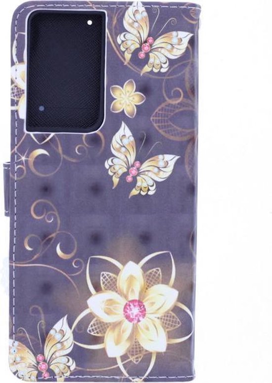 Samsung Galaxy S21 Ultra Hoesjes – Bookcase Portemonnee – 3D Print Butterflies & Flowers – 2x Gehard Glas Screenprotector – Zwart-Ilumina Benelux