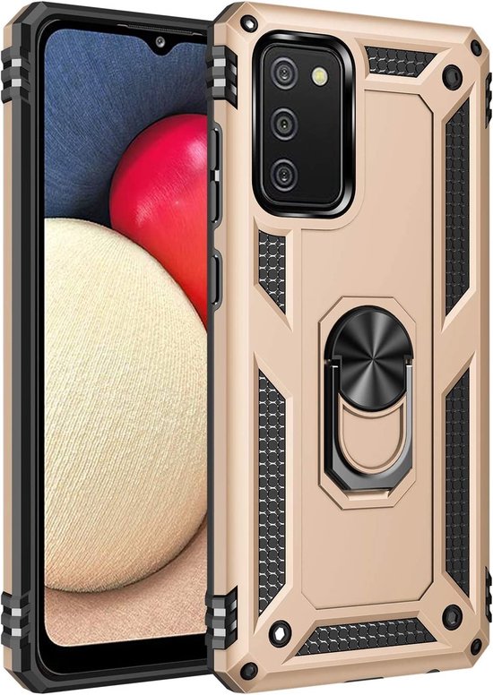 Samsung Galaxy A02S Hoesjes – Anti-Shock Hybride Backcover – Ringhouder – Armor Bescherming – Goud-Ilumina Benelux