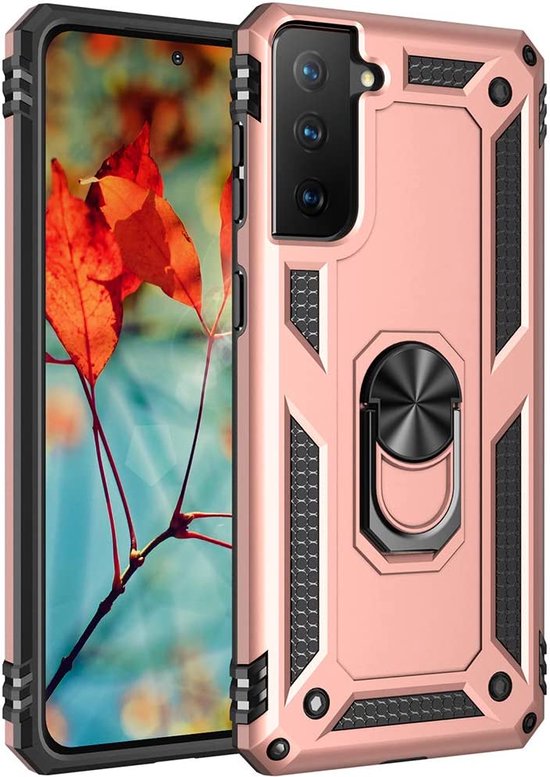 Samsung Galaxy S21 Hoesjes – Ring Armor Backcover – 360° Draaibare Standaard – Magneet – Roségoud-Ilumina Benelux