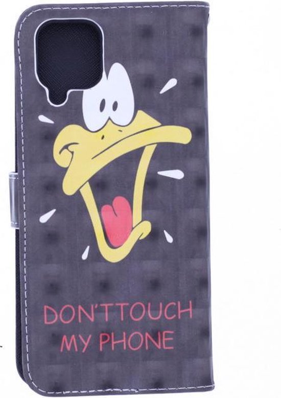 Samsung Galaxy A22 4G Hoesjes – Bookcase – Don't Touch My Phone Duck 3D Print – Met 2x Gehard Glas Screenprotector – Zwart