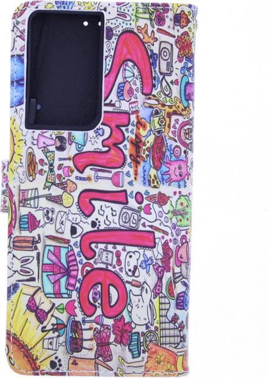 Samsung Galaxy S21 Ultra Hoesjes – Bookcase Portemonnee Hoes – Magneetsluiting – Smile Graffiti Print-Ilumina Benelux