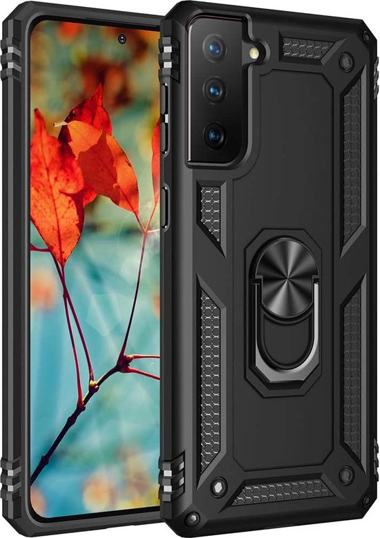 Samsung Galaxy S21 FE Hoesjes – Ring Armor Backcover – 360° Draaibare Standaard – Magneet – Zwart-Ilumina Benelux