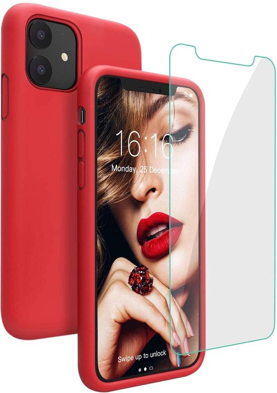 iPhone 11 Hoesjes – Liquid Siliconen Backcover – TPU Soft Case – 2x Screenprotector Gehard Glas – Rood-Ilumina Benelux