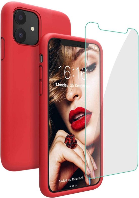 iPhone 12 Pro Hoesjes – TPU Siliconen Backcover – Inclusief 2x Screenprotector Gehard Glas – Rood-Ilumina Benelux